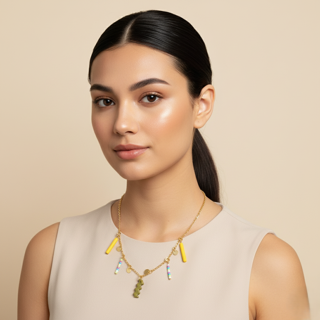 Handmade clay pendant with zigzag design and beads