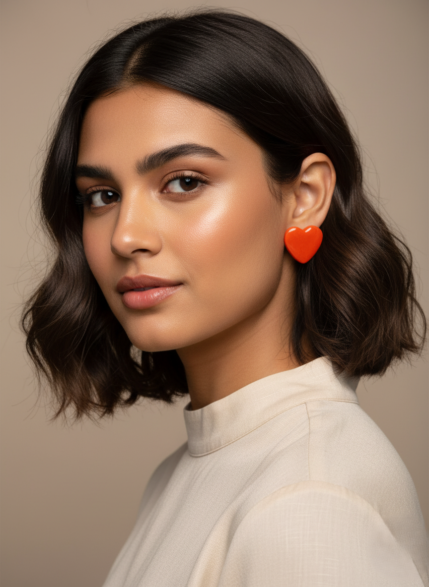 Handmade heart-shaped clay stud earrings cute design