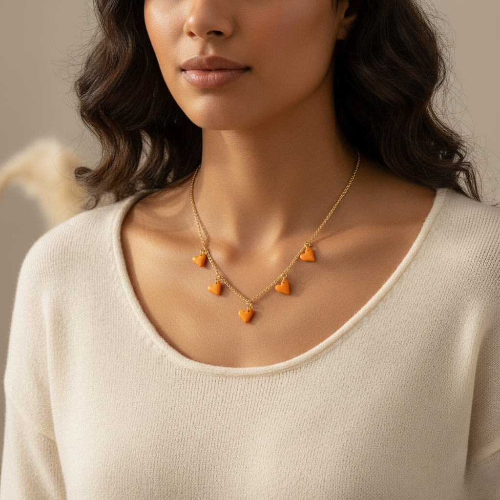 Female model wearing gold-tone heart charm necklace with orange clay heart pendants for daily wear