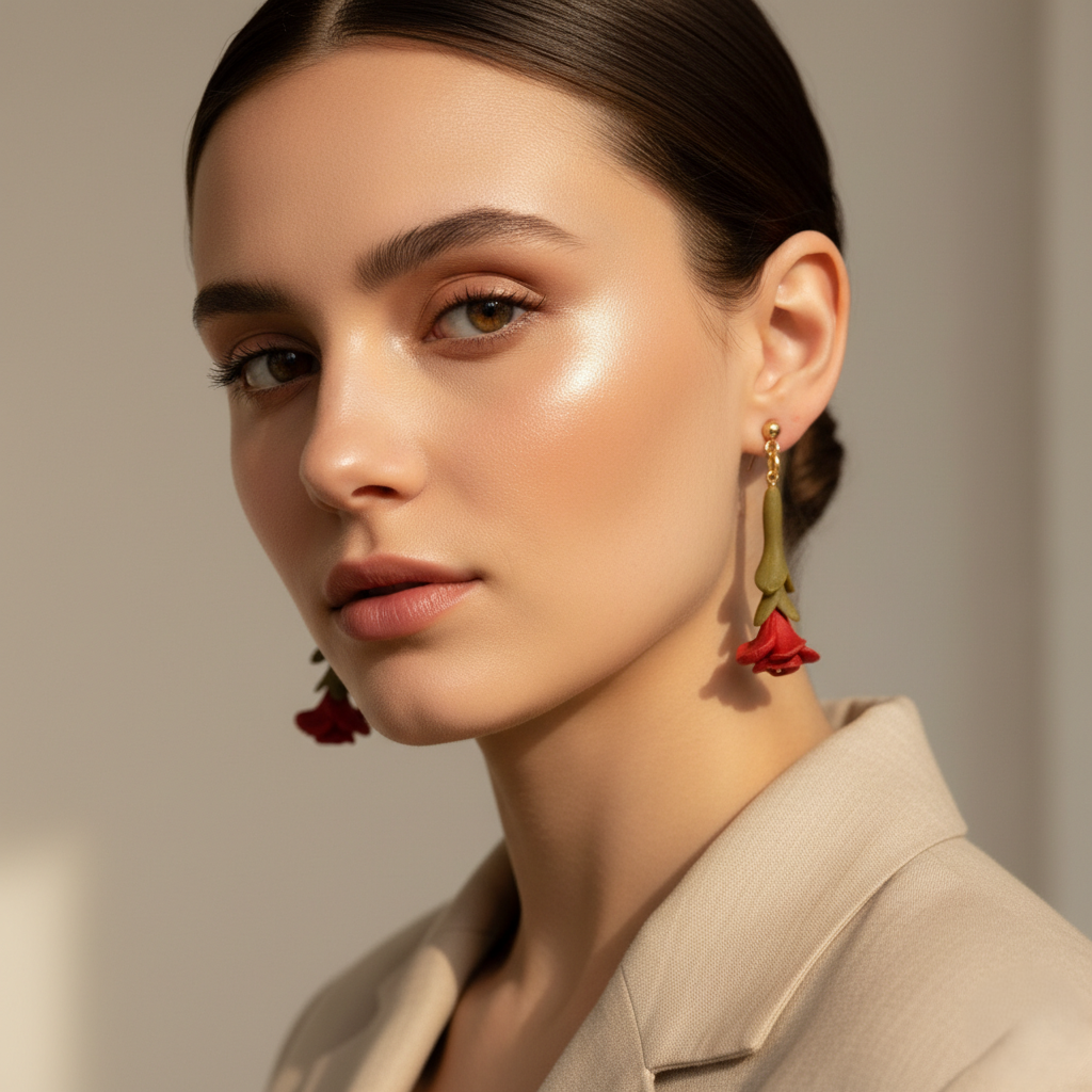 Red rose handmade clay drop earrings for women