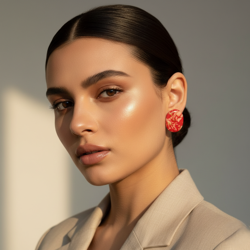 Minimal red marble handmade clay earrings for women