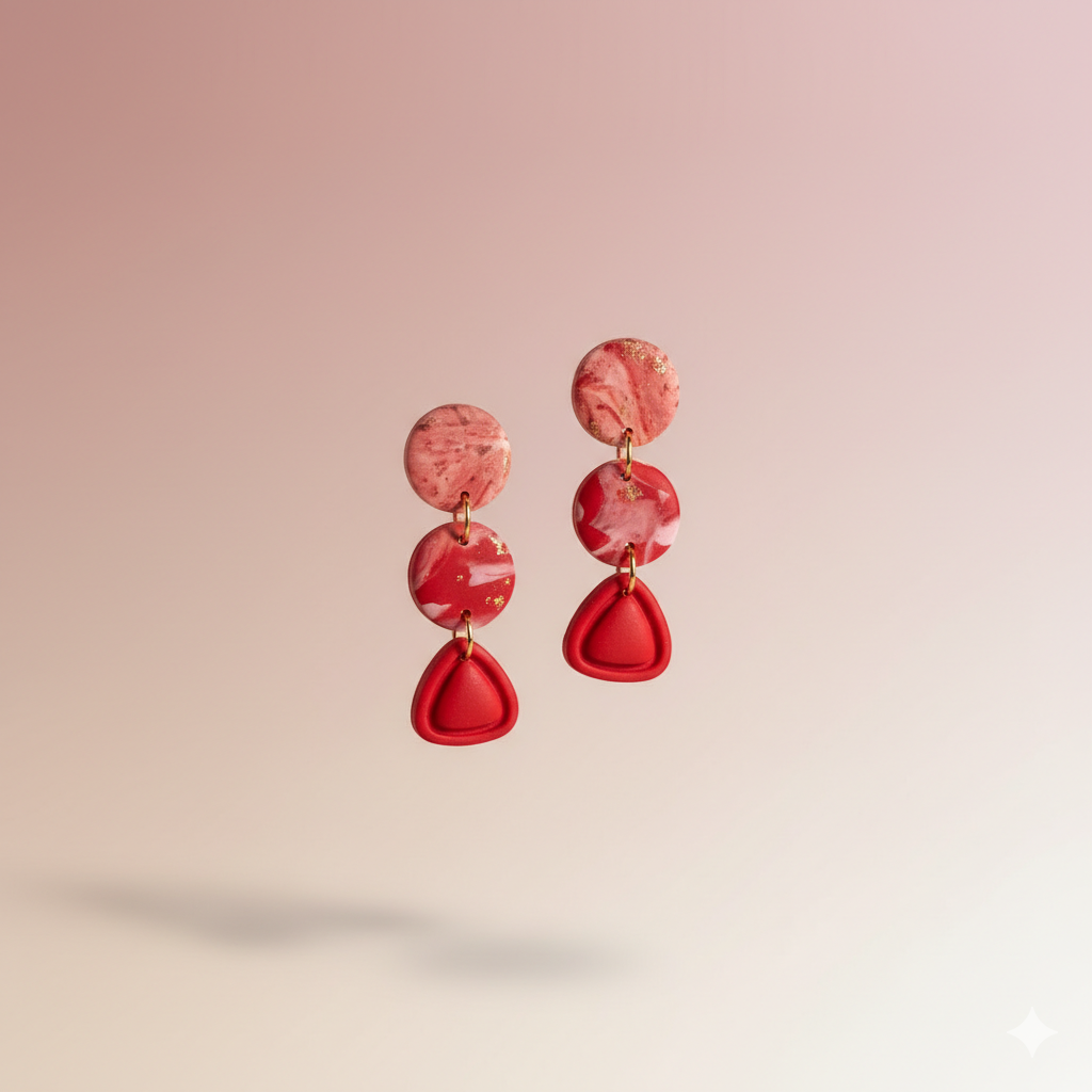 Handmade red marble clay triple drop earrings with geometric design
