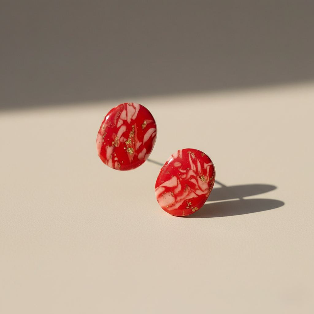 Handmade red marble clay stud earrings with white swirls and gold flakes