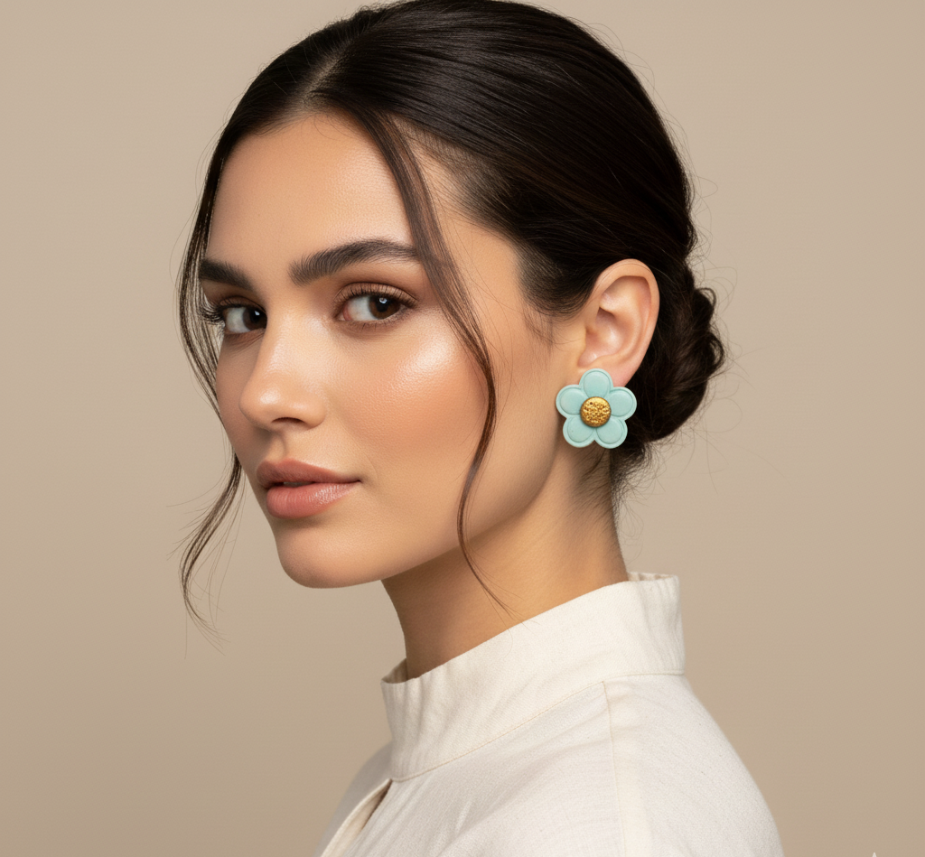Handmade pastel blue clay flower earrings lightweight