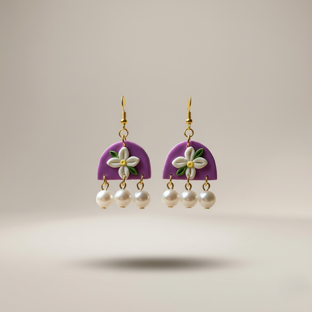 Lavender Blossom polymer clay earrings floral pearl drop
