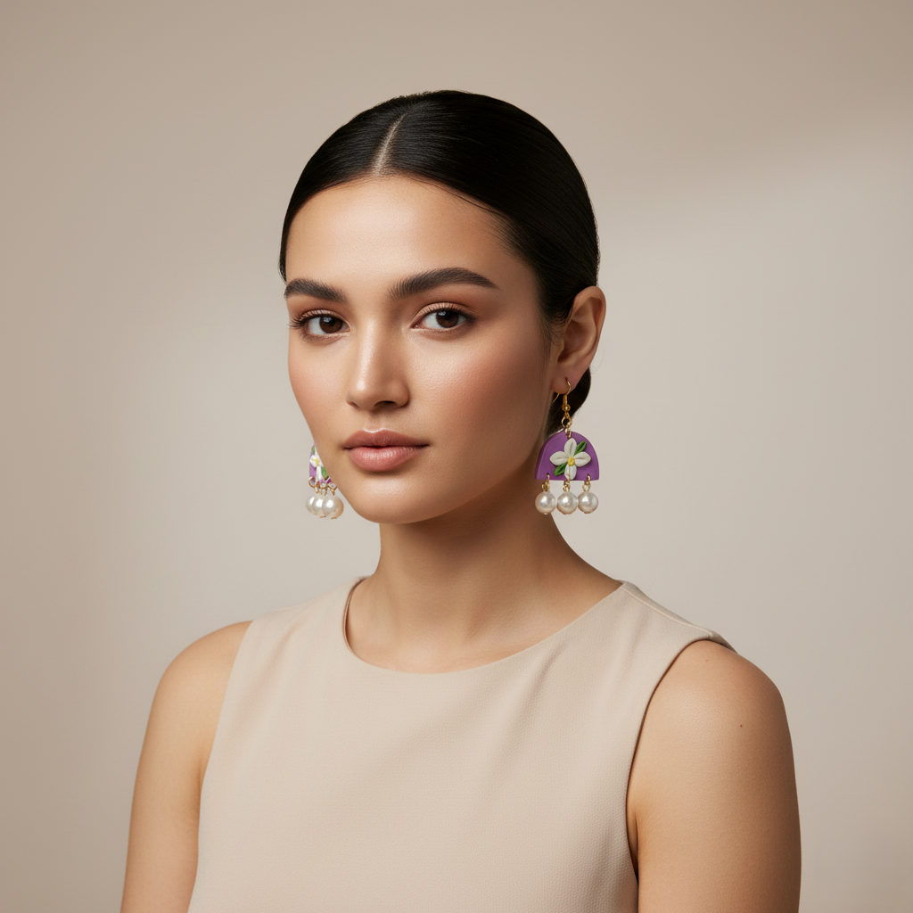 Handmade lavender clay earrings with floral design