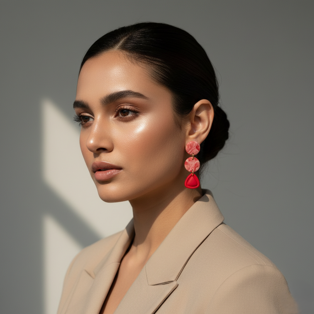 Handmade red marble clay triple drop earrings with modern geometric design