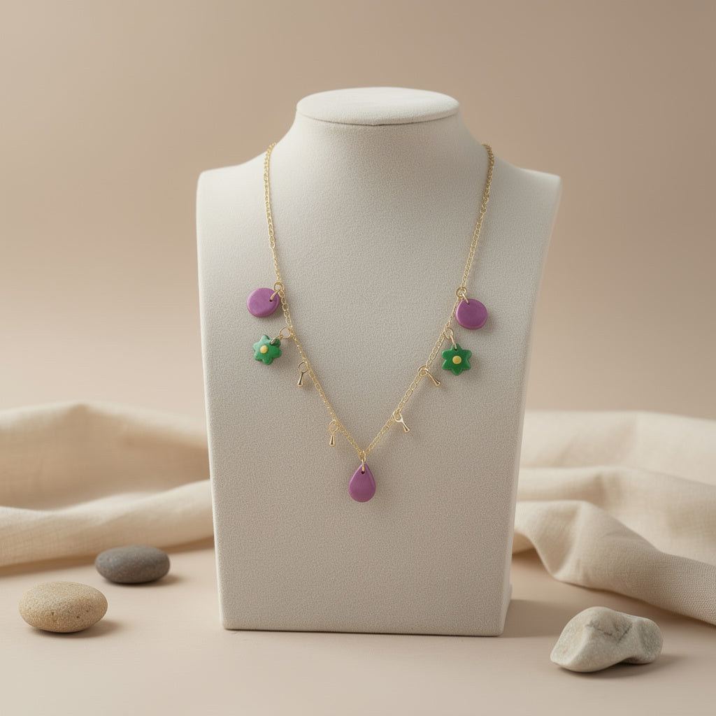 Clay pendant on a soft pastel background with subtle shadows