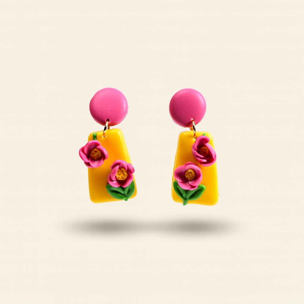 Sunflower Bloom handmade clay floral earrings yellow pink