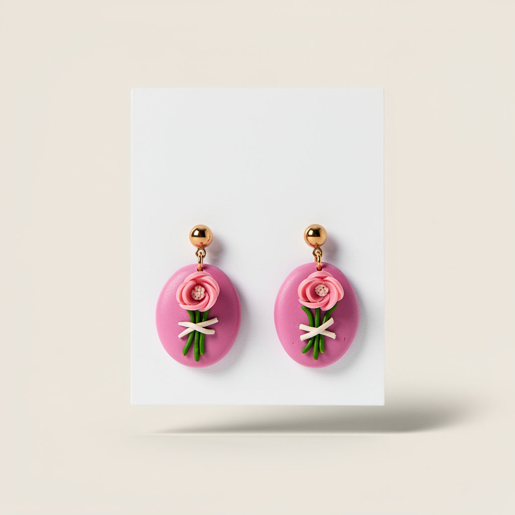 Handmade clay earrings with delicate pink floral design