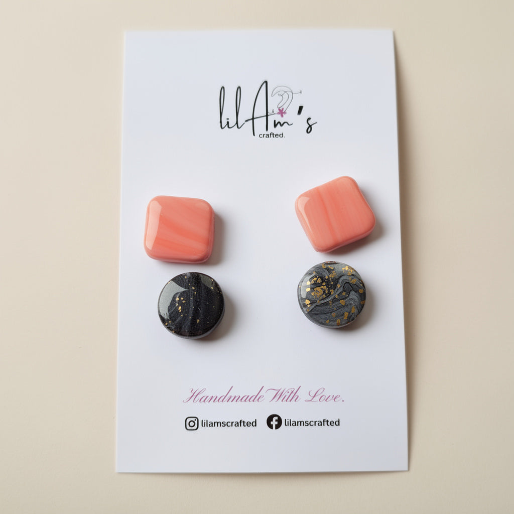 Peach and marble clay stud earrings set of two pairs