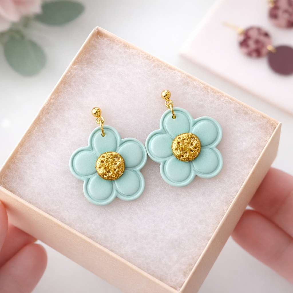 Pastel Bloom clay earrings handmade blue floral design