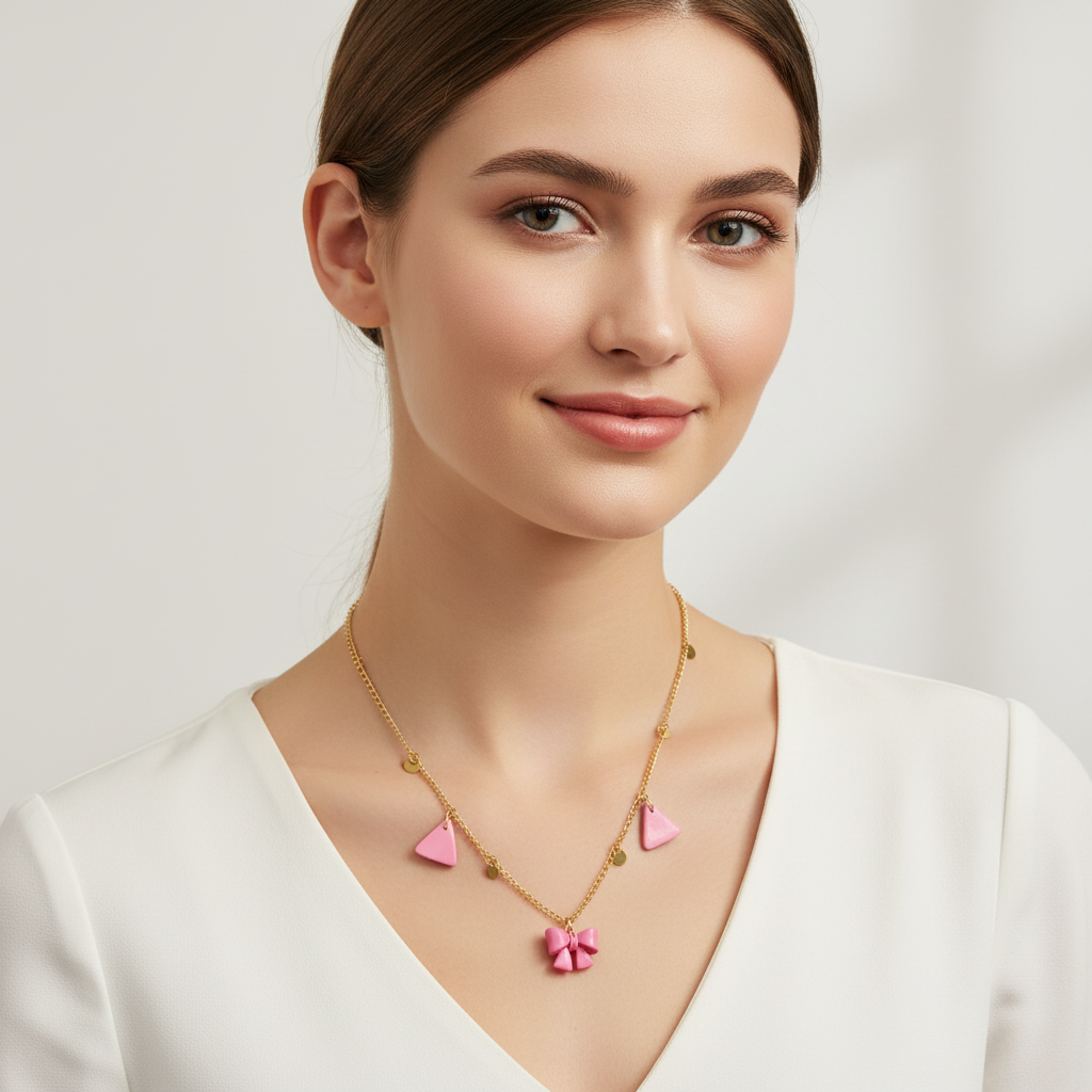 Female model wearing a handmade clay pendant necklace