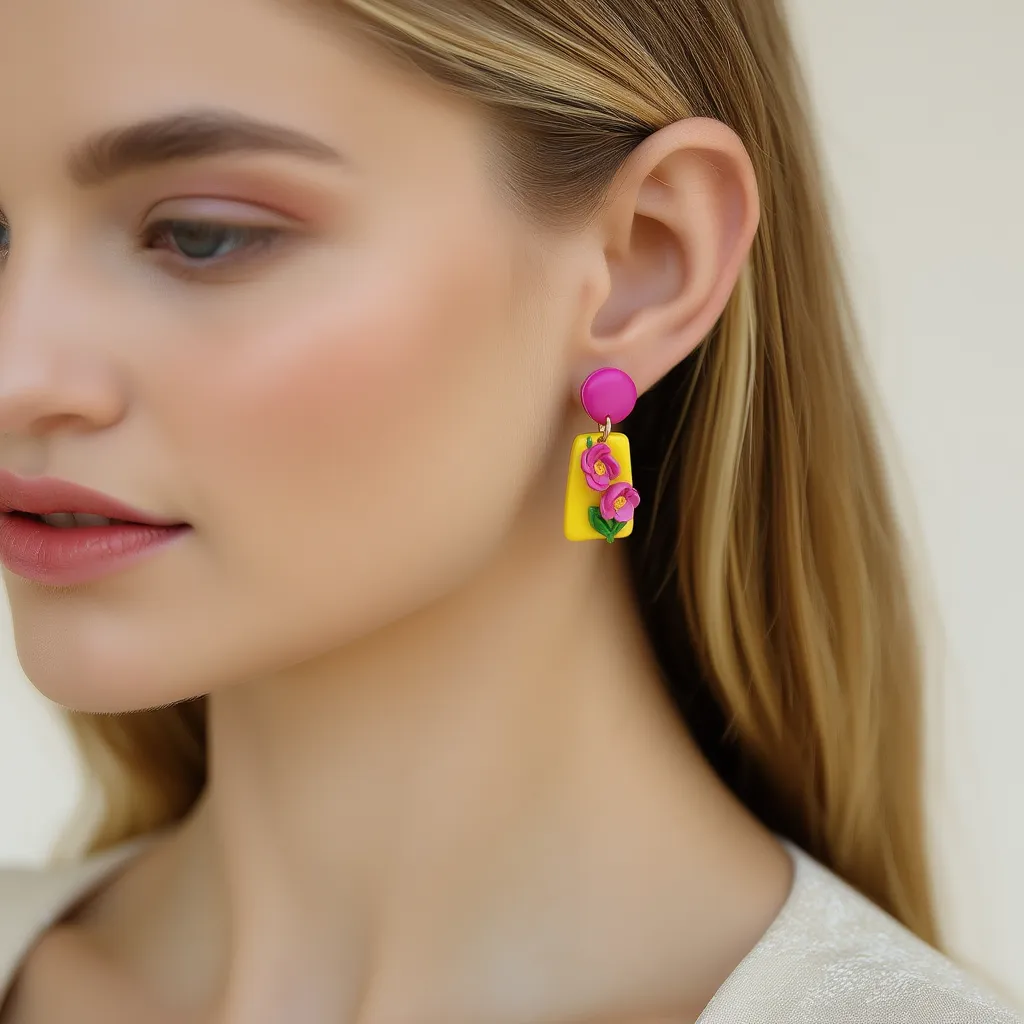 Handmade clay floral earrings bright yellow design