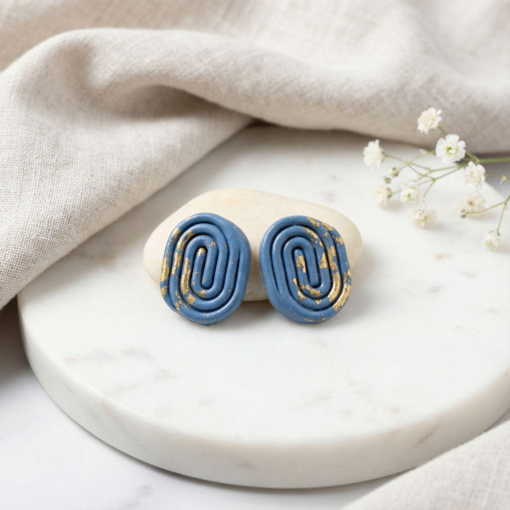 Azure Swirl handmade clay stud earrings with blue spiral design