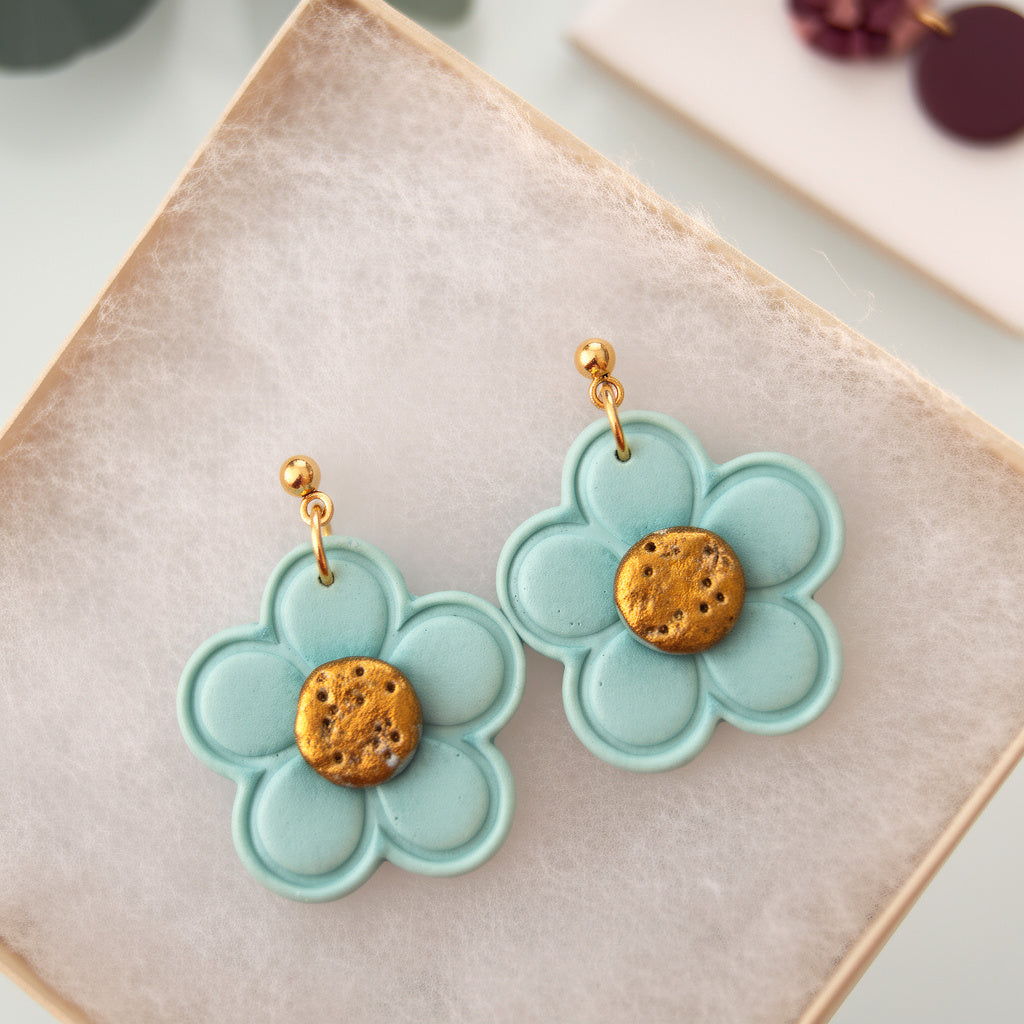 Floral clay earrings with golden center Pakistan